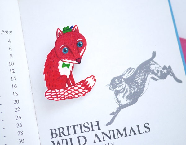 Fox with green hat - hand drawn brooch