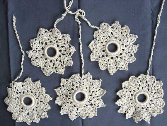 Set of 5 Vintage 1940's Crochet Needlework Shade or Light Pulls, Multi Petal Design