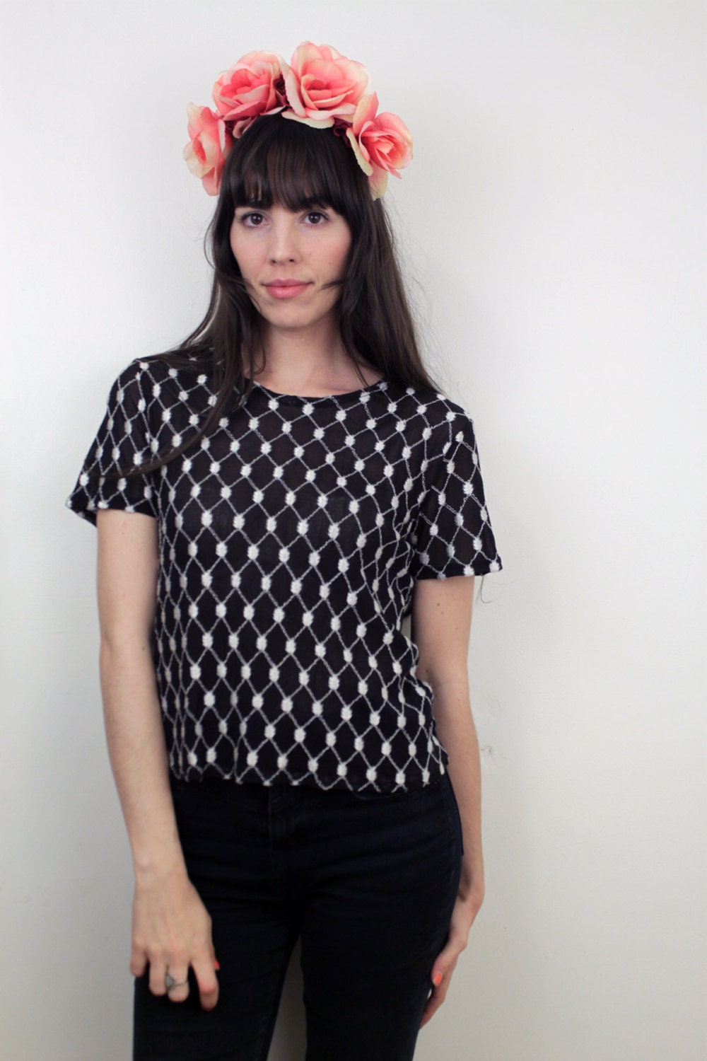 1990s Sheer Black and White Top Size S