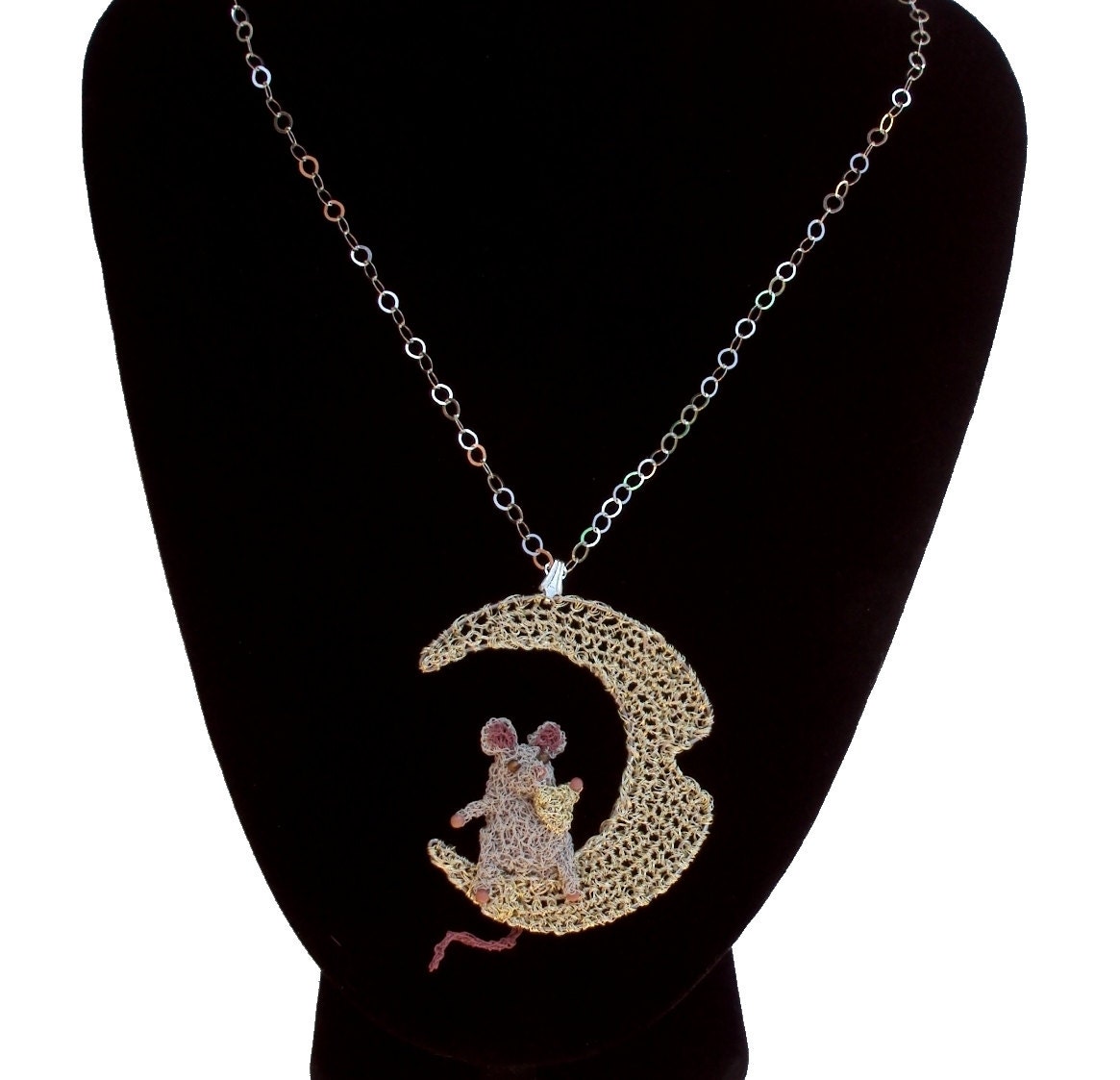 Mouse on a cheese moon pendant necklace, unusual crochet wire jewelry