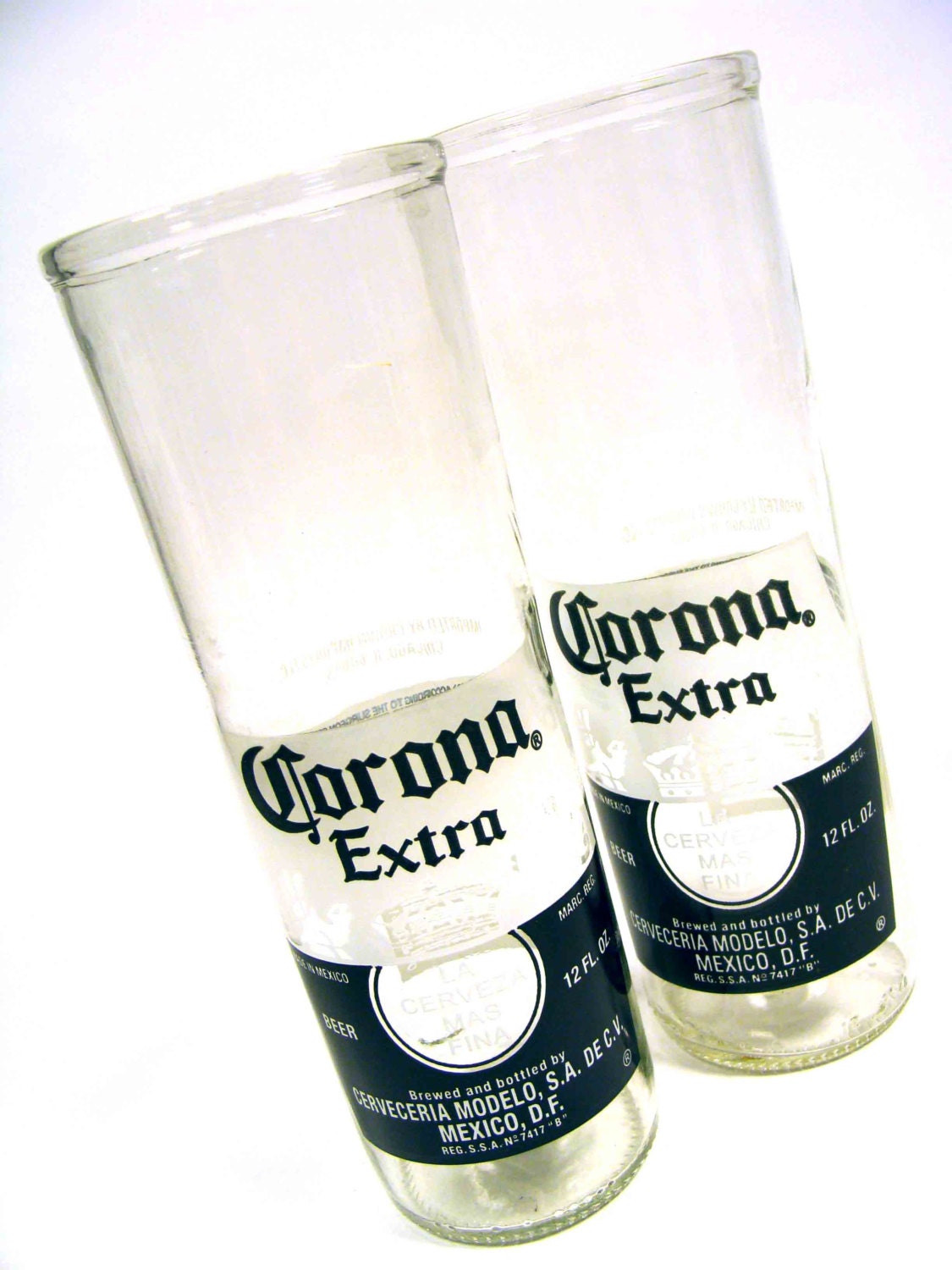 Set of Two of Recycled Corona Beer Bottle Drinking Glass Cups
