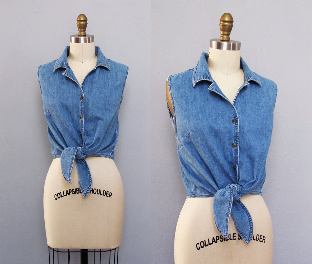 vintage denim CHAMBRAY sleeveless tie top M L