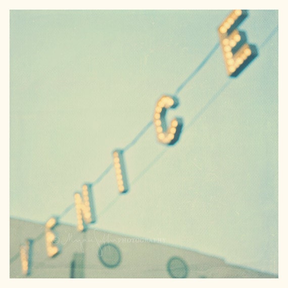 photography, Venice beach sign photo, bokeh, twinkly lights, gold, mint green, beach cottage decor, abstract art print, LA, California