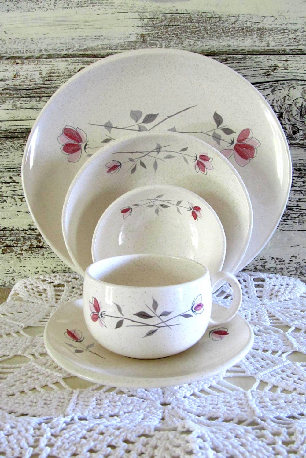 5Pc.Vintage1950's Franciscan China Duet Pattern Ovenware Place Setting Pink and Gray