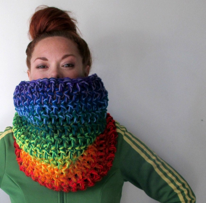 Rainbow Cowl Scarf. Bright Colorful Extra Chunky.