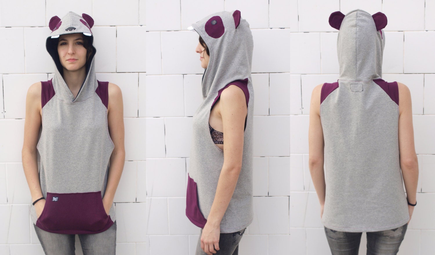 Panda Hoddie w/o Sleeves (Unisex Adult Size, Black/Magenta)