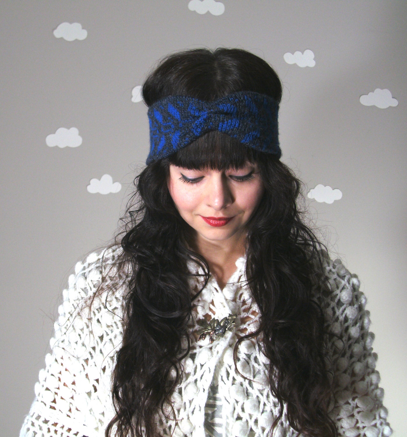 Cute handmade vintage knit fabric earwarmers turban bow headband grey blue A BOW ON IT
