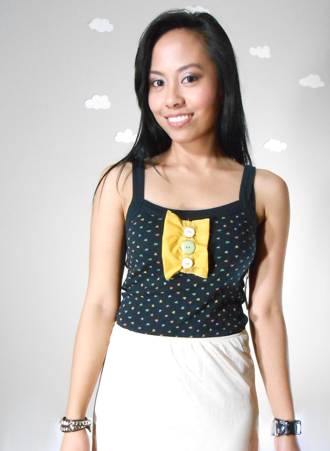 Handmade eco-friendly dress tank heart print button bib airy summer ligh-weight black white small SUMMER CRUISING