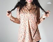Vintage blouse peach confetti print fun long sleeved synthetic office shirt LADDER CLIMBING