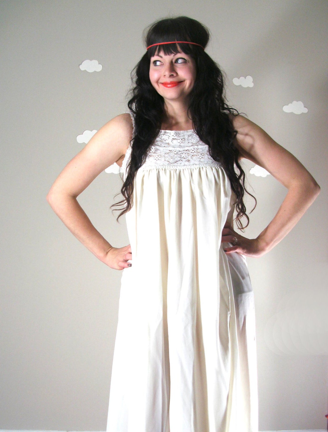 Vintage dress bohemian slip cotton frock night gown lace bib maxi medium MAY QUEEN