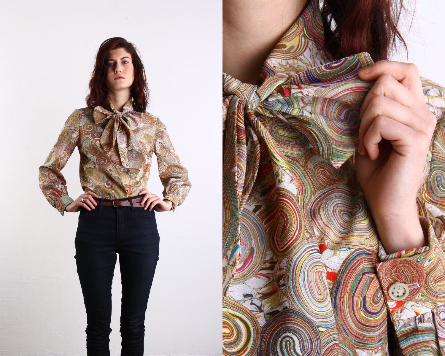 Vintage Blouse . Pussy Bow . KLIMT print . 1960s Poly Top