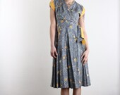 1940s Dress . Vintage Wrap Gown . Dove Grey . Mustard Yellow .  Waist Tie . 40s