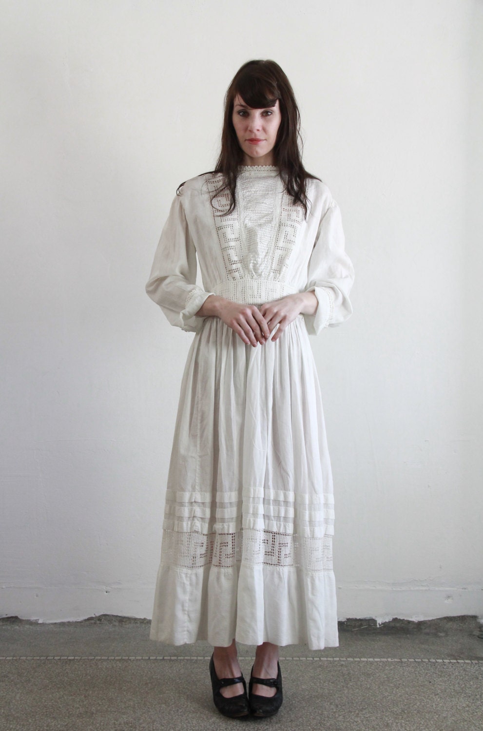 Edwardian Gown . Greek Crochet . Cotton . Antique 1910s TITANIC Bridal Dress
