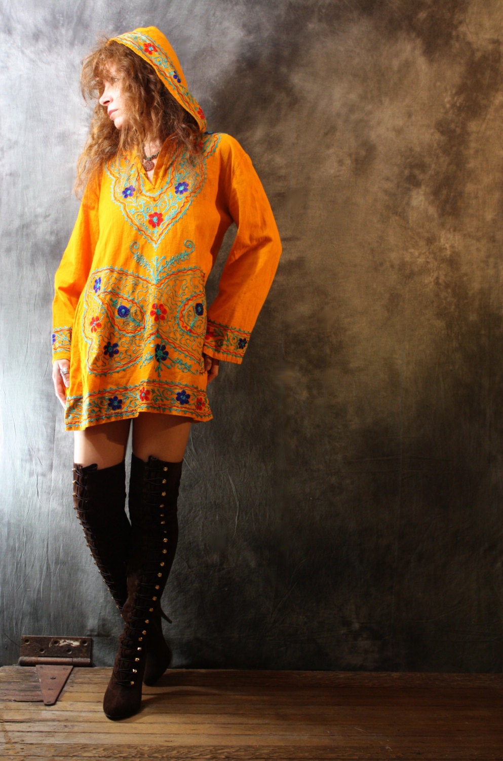 Vintage 1960s 1970s Hippie Woodstock Embroidered Butterfly Hoodie Dress Tunic