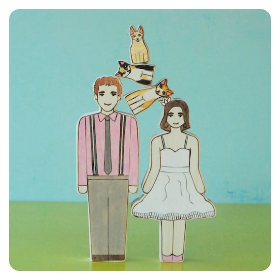 Custom Wedding Cake Topper couple with Three Pets
