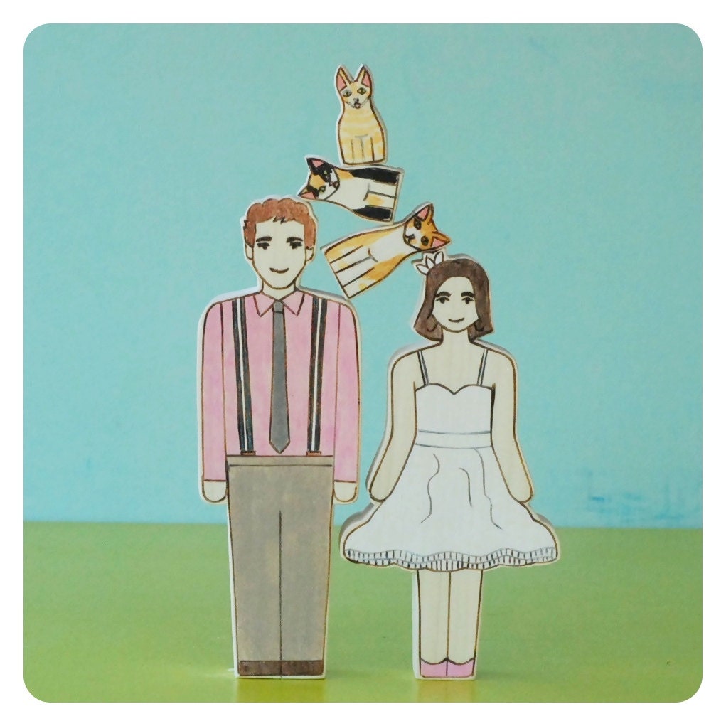 Custom Wedding Cake Topper couple with Three Pets