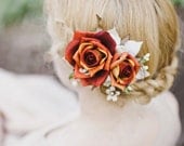 burnt orange bridal accessory, orange flower, rust rose, wedding hair clip - HEARTS AFIRE - fall wedding, autumn hairpiece