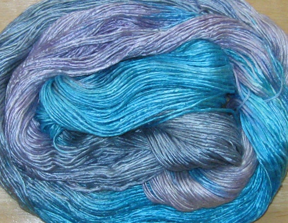 Mulberry Silk Yarn, 245 yds Space-dyed Turquoise, Lavender, Gray, 3.4 oz, 95 grams, SLIGHTLY IRREGULAR