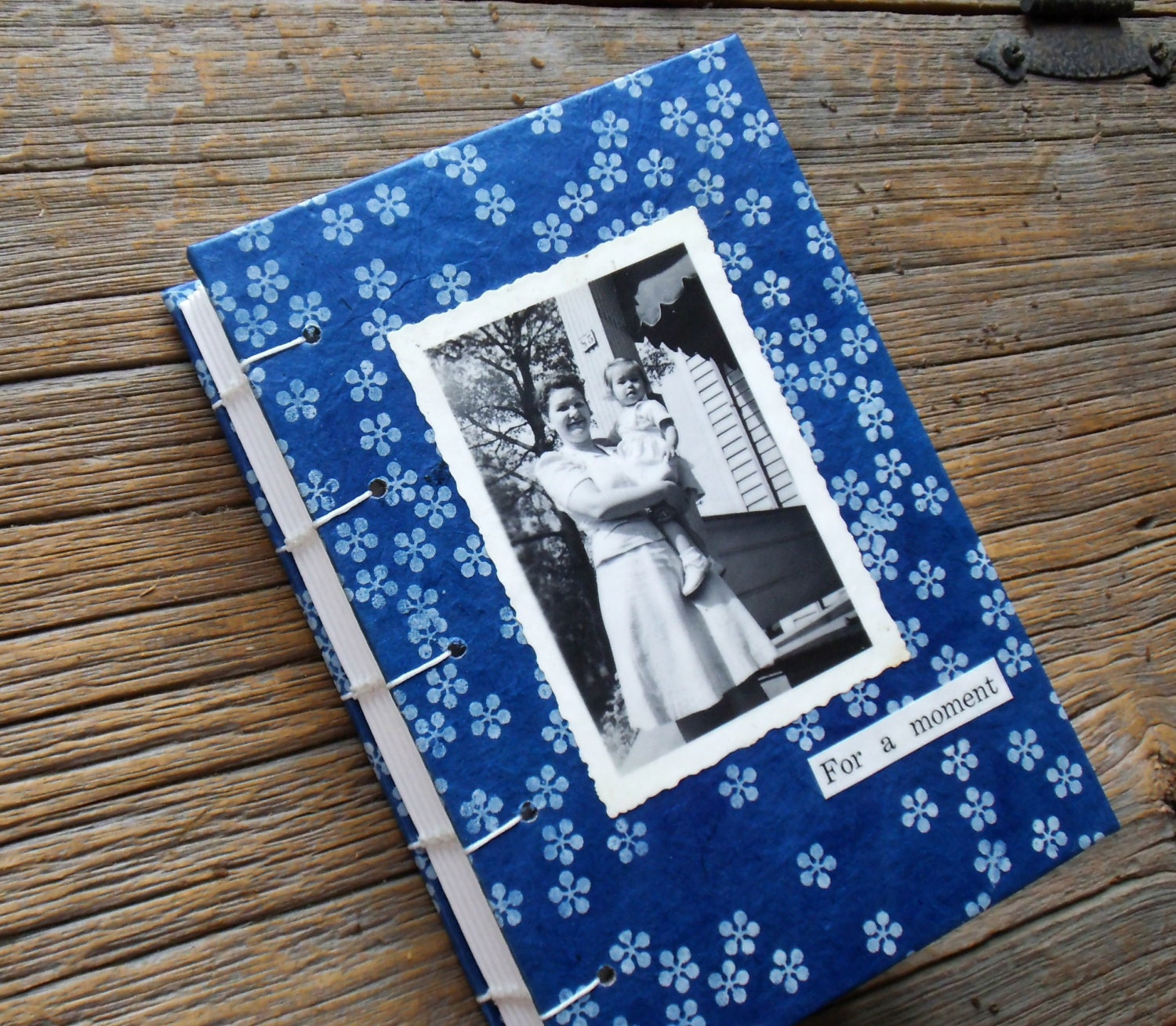 Small Blank Hard Cover Blue Journal Coptic Stitch Vintage Mom and Baby Photo Diary