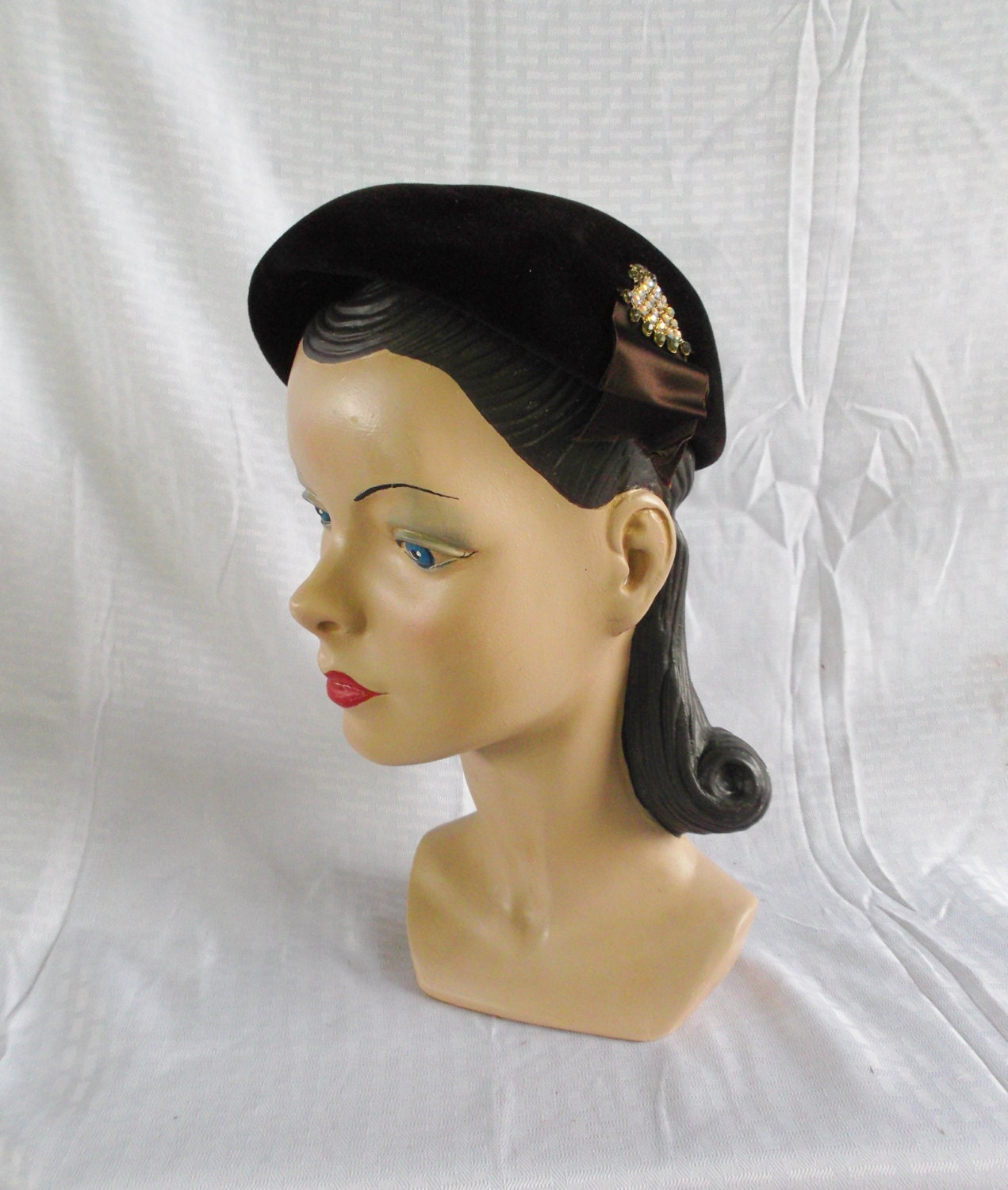 1950's Vintage Brown Velour Hat with Aurora Borealis Rhinestones Rike's Dayton, Ohio