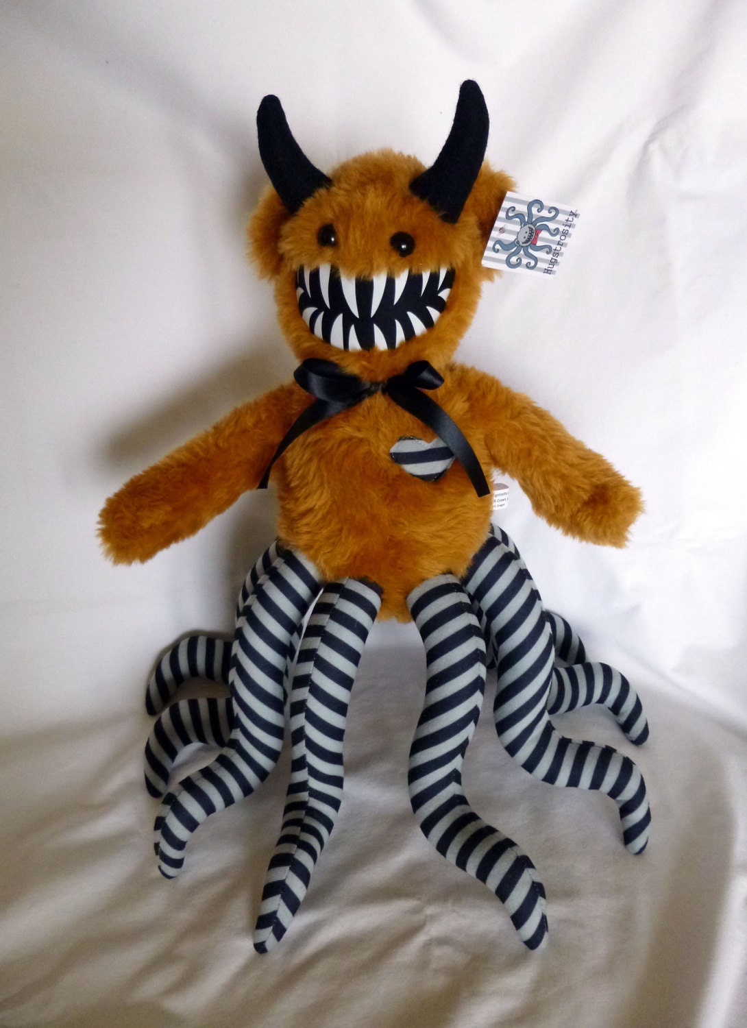 Horned Hugstrosity- Teddy Bear Tentacle monster in Brown Grey and Black