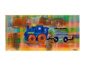 Blue Train Art Print Kids Room Decor Nursery Colorful Whimsical
