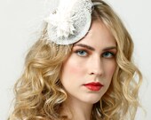 Bridal headpiece, Light blue mini hat with white netting and feathers