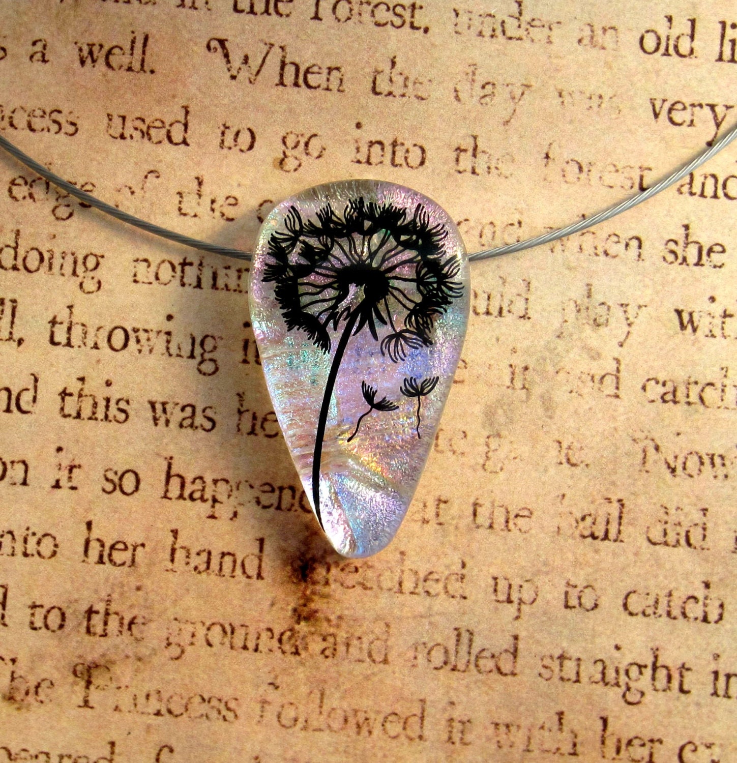 Fused Glass Dandelion Wish Free Pendant Semi-translucent Hypoallergenic With Free Cord