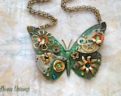 Steampunk Butterfly Necklace - Custom Design Emerald Green Patina Butterfly with Watch Gears Brass Flowers and Jewels
