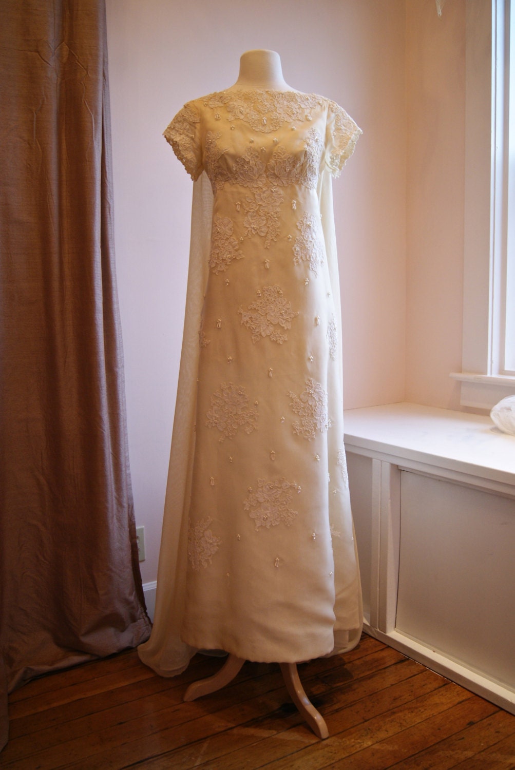 60s Wedding Dress // Vintage 1960s Chiffon Wedding Dress with Beading and Lace Applique with Watteau Back Size S
