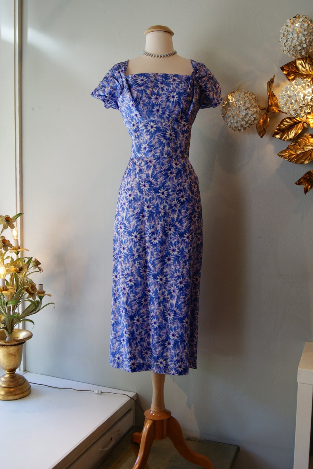 1950s Dress // Vintage 50s Eleanor Green Floral Silk Cocktail Dress Size L