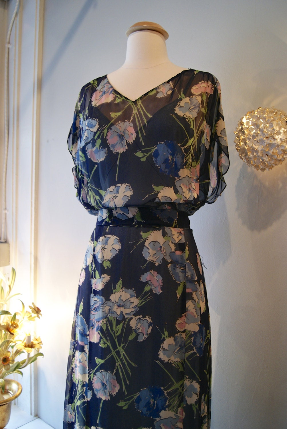 30s Chiffon Dress // Vintage 1930s Silk Floral Chiffon Dress Gown Size XL