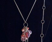 pink bead & chain cluster pendant necklace with mixed glass, stone and plastic beads on silver toned chain