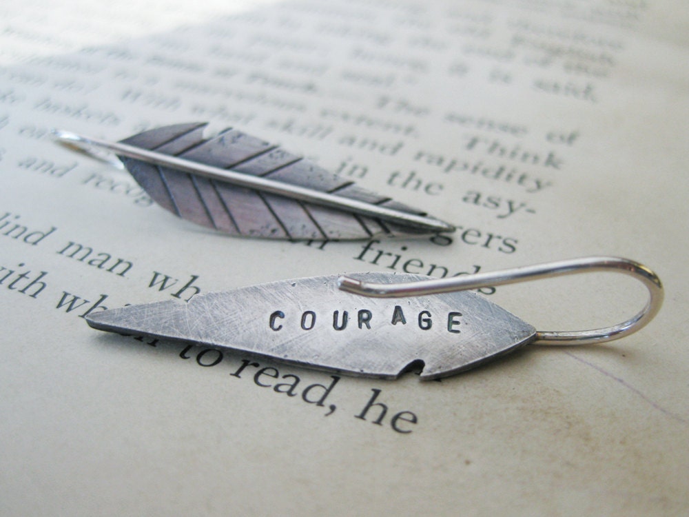 sterling silver feather warrior earrings - COURAGE or your custom word - made to order