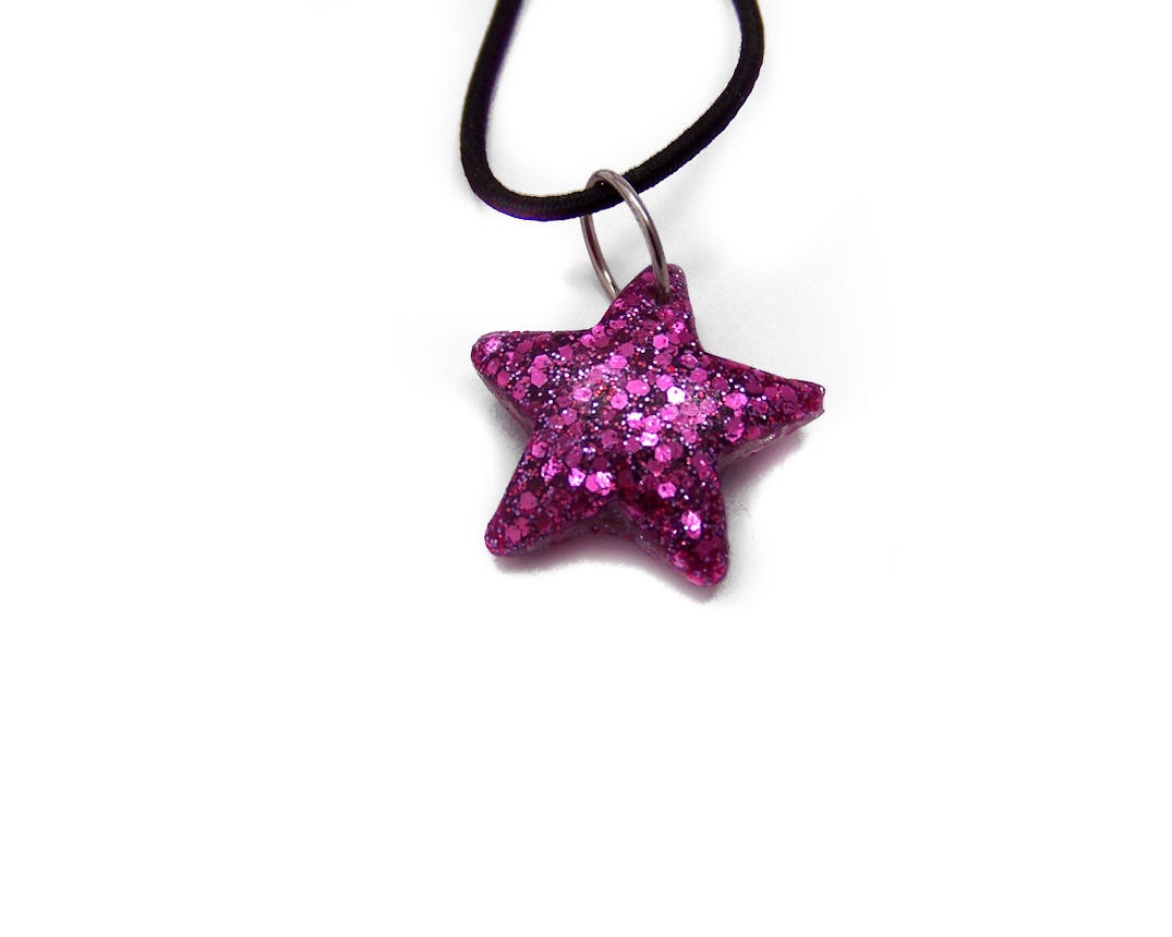 Pink Star Resin Glitter Pendant on Black Stretch Cord Necklace