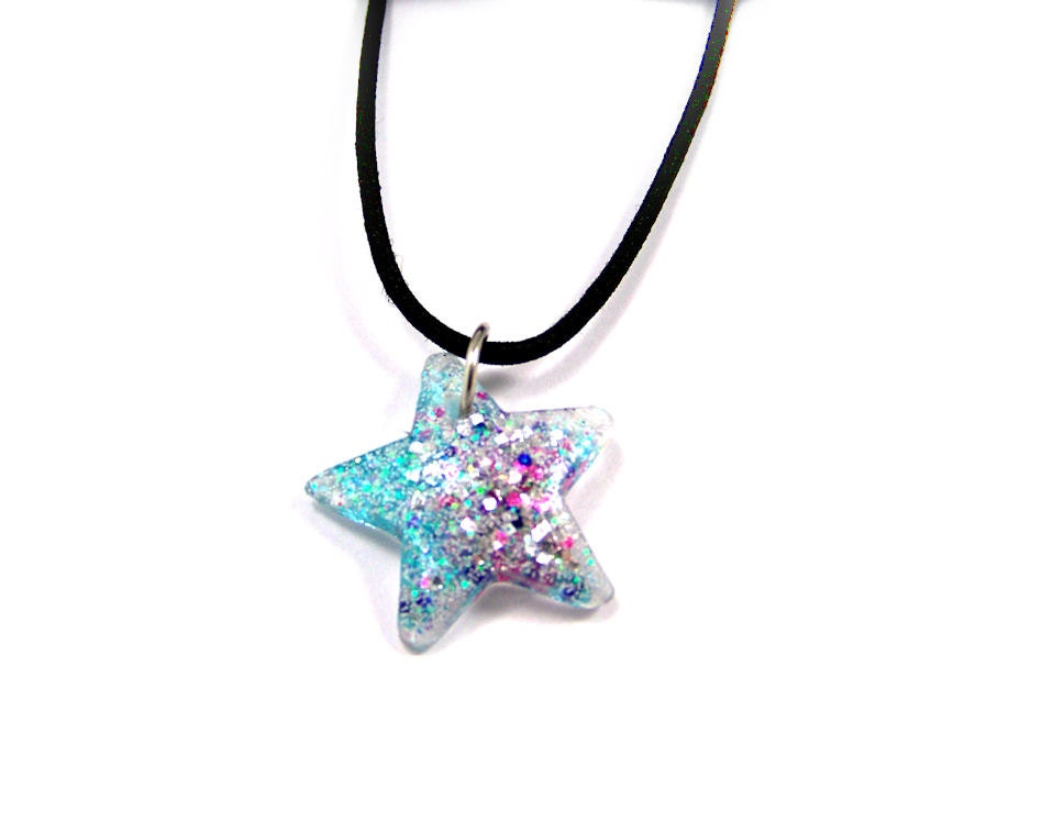 Blue Pink Purple Multicolor Star Necklace, Resin Glitter Pendant on Black Stretch Cord Necklace