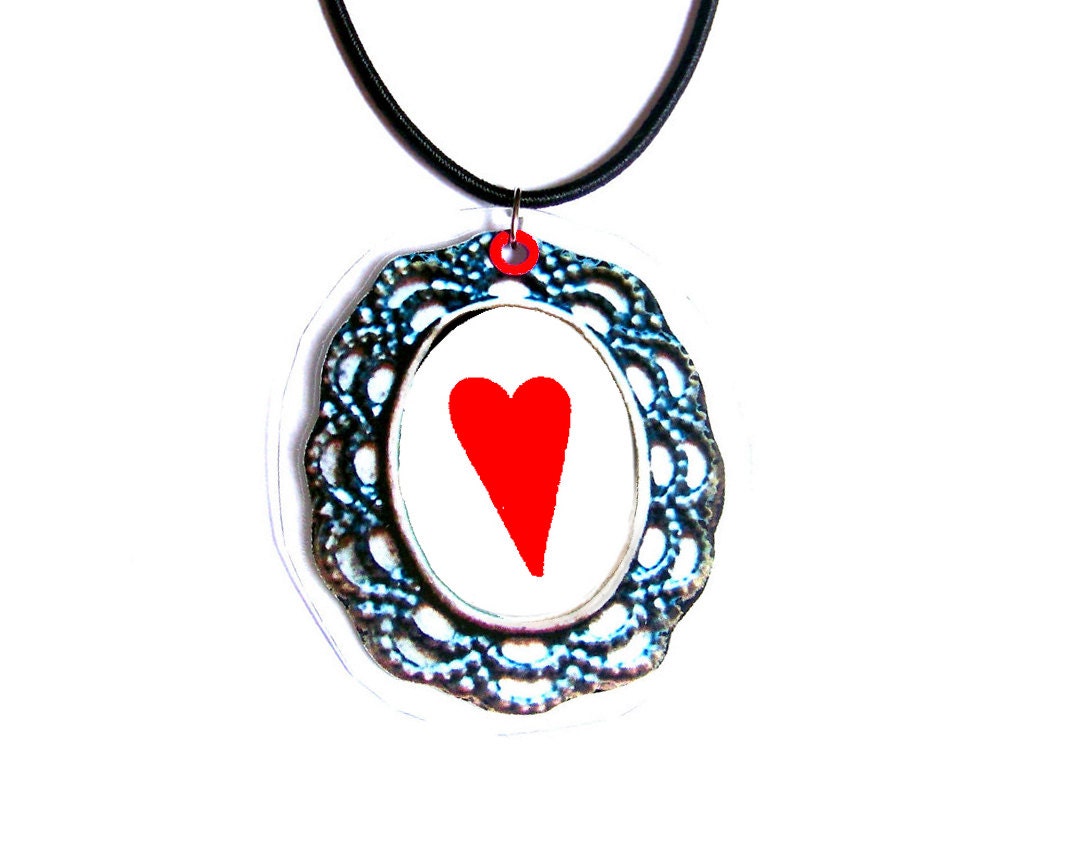 Red & White Heart Necklace, Pretty Filigree French Inspired Pendant for Valentine's Day
