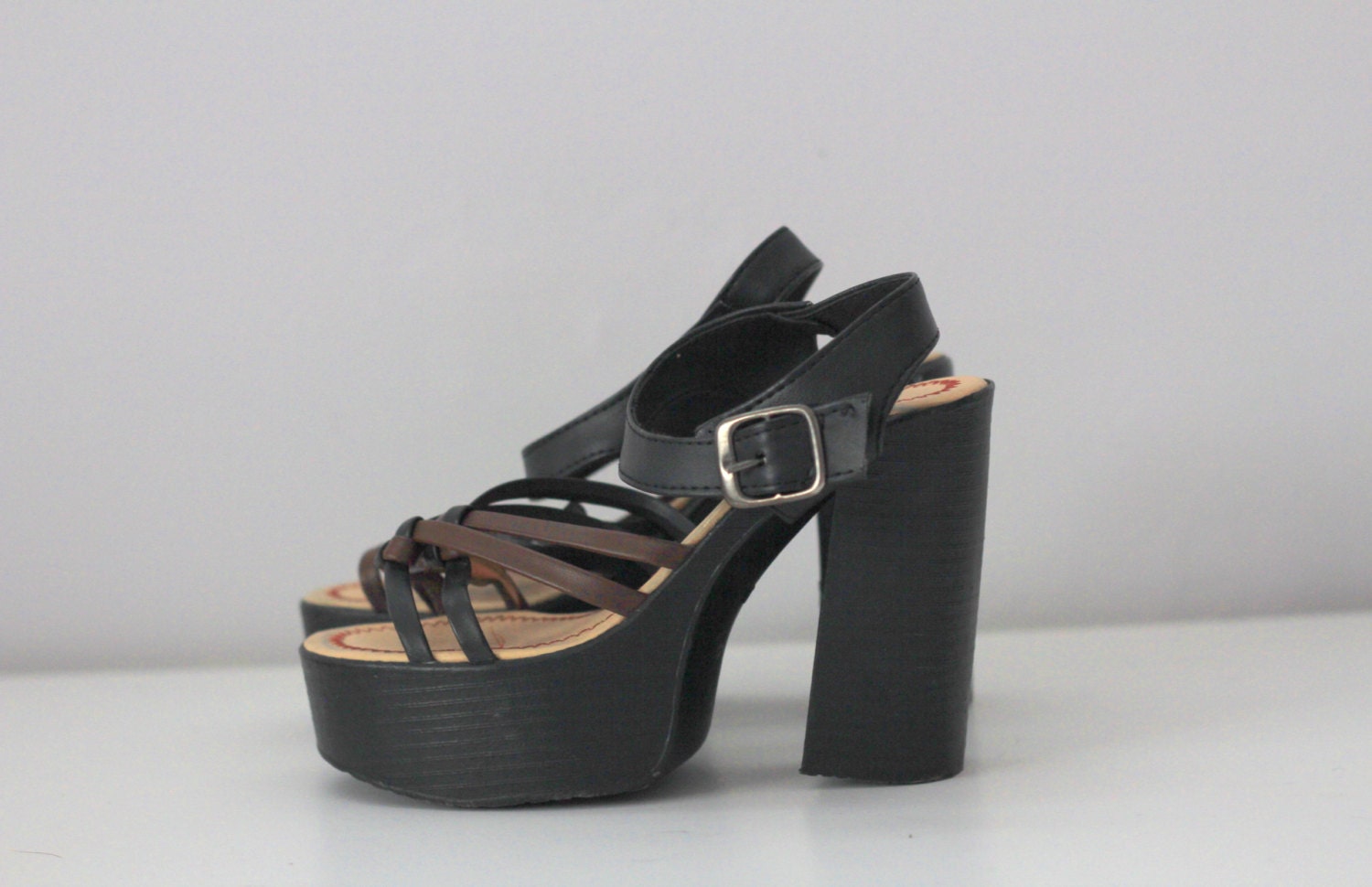 Ramona platforms. Vintage 1980s black strappy clog platforms. S