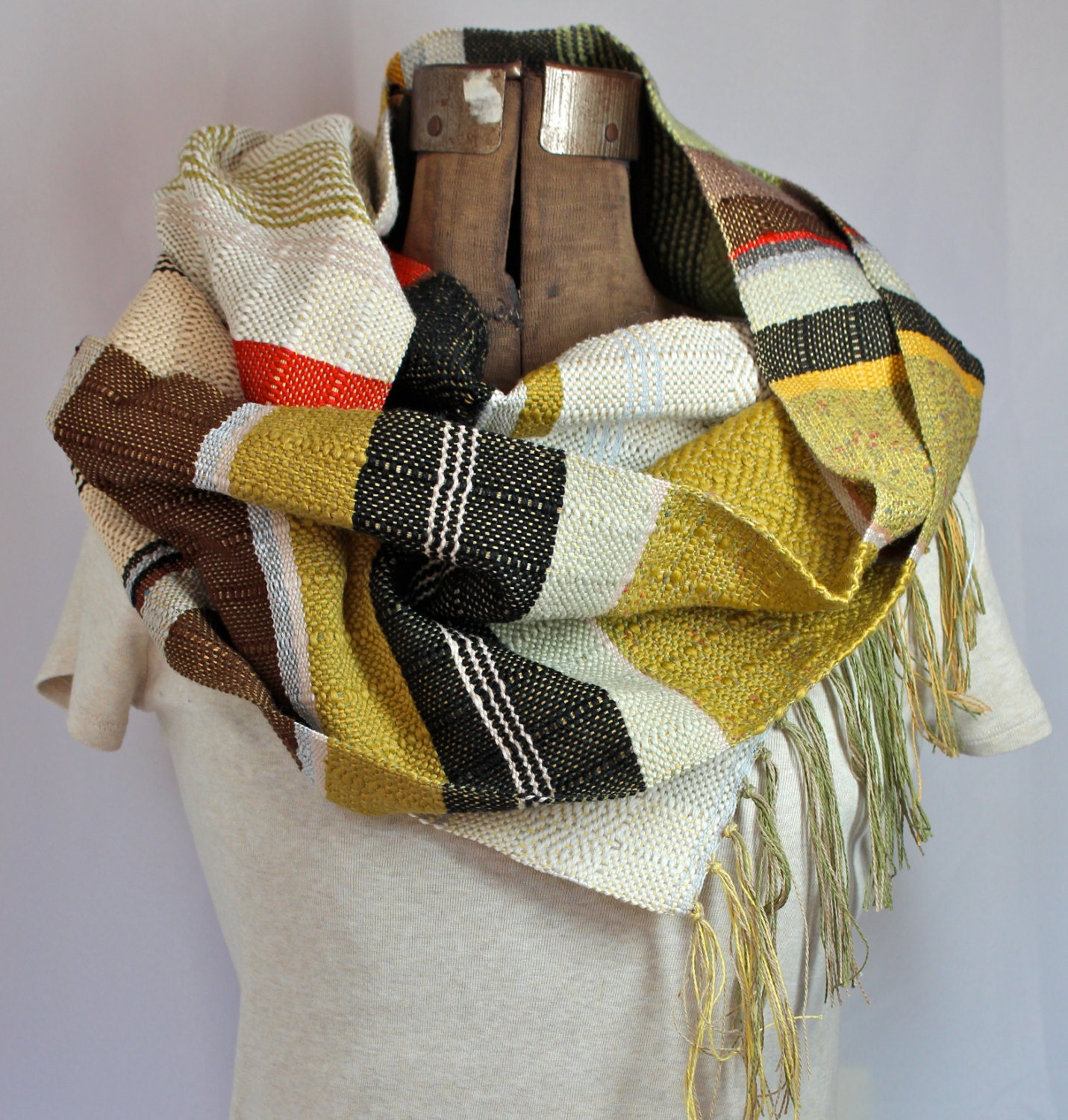 Diane - Handwoven Summer Scarf in Linden Green, Apple Red and Olive