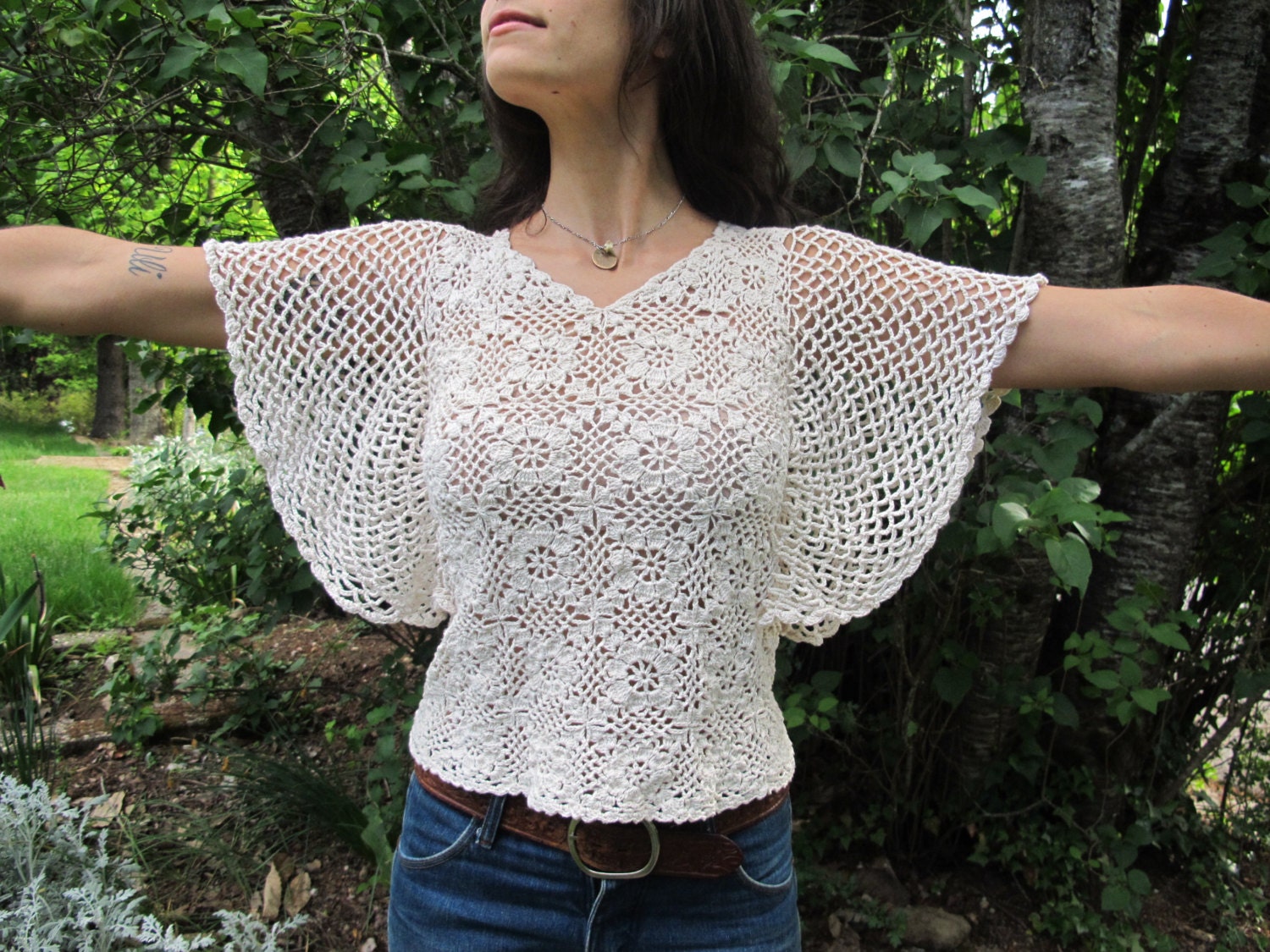Vintage Crochet Lace Butterfly Sleeve Bohemian Blouse
