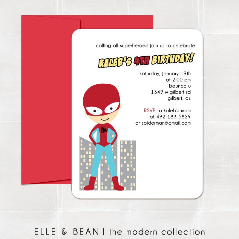 spiderman party invitation. super hero birthday. printed and handmade.