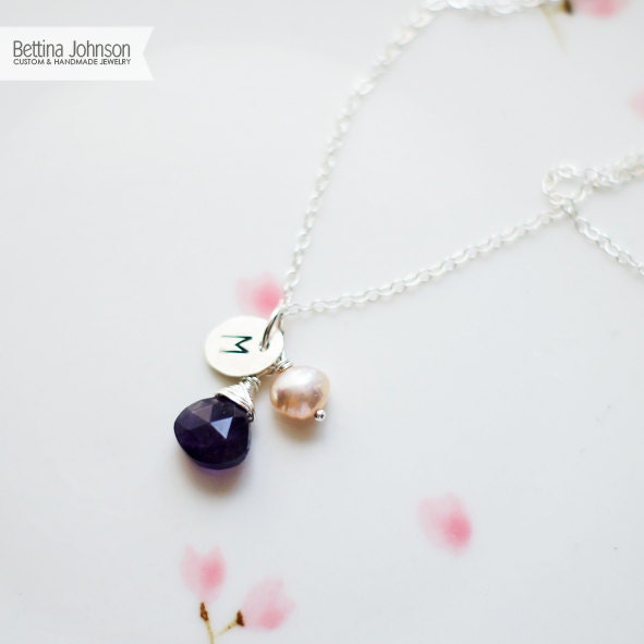 Personalized Amethyst Pearl Necklace, Letter stamping, gift idea, initial, birthday gift