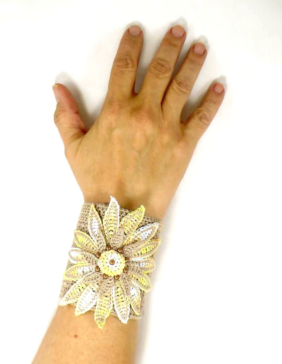 Crochet Cuff Bracelet Irish Crochet Bracelet Daisy Flower Cuff Bracelet Pale Lavender Pale Charteuse Peach Tan Mocha Brown Fiber Art 