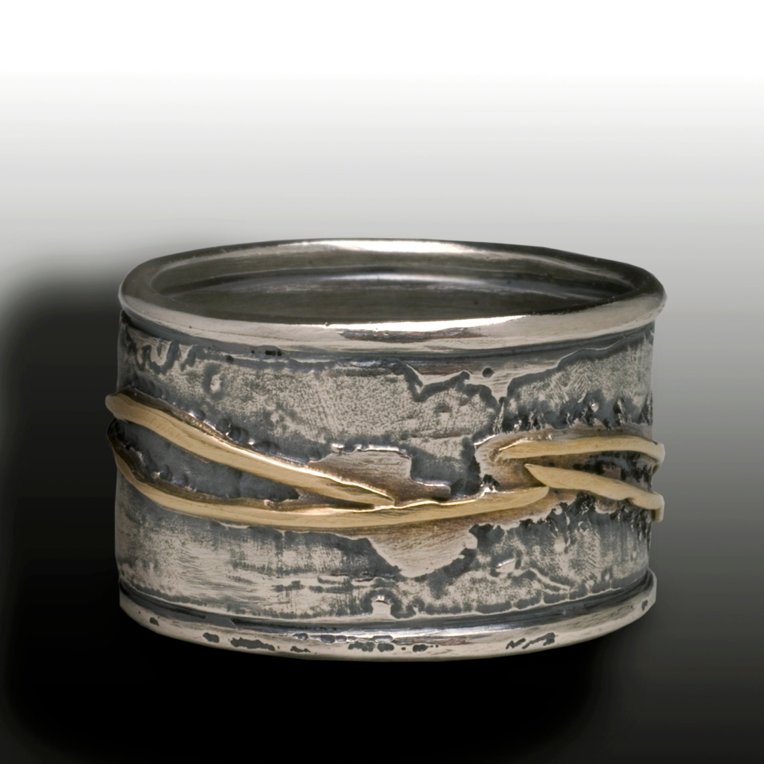 Unisex Golden Wave Wedding Band Sterling Silver 925 and 14K Gold Custom Order any Size