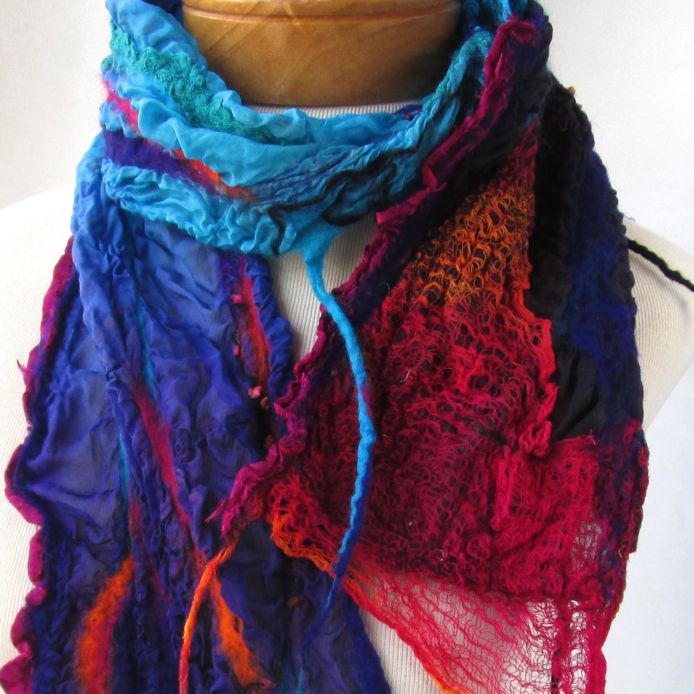 Nuno felted scarf in bright blue, fuchsia, black and purple