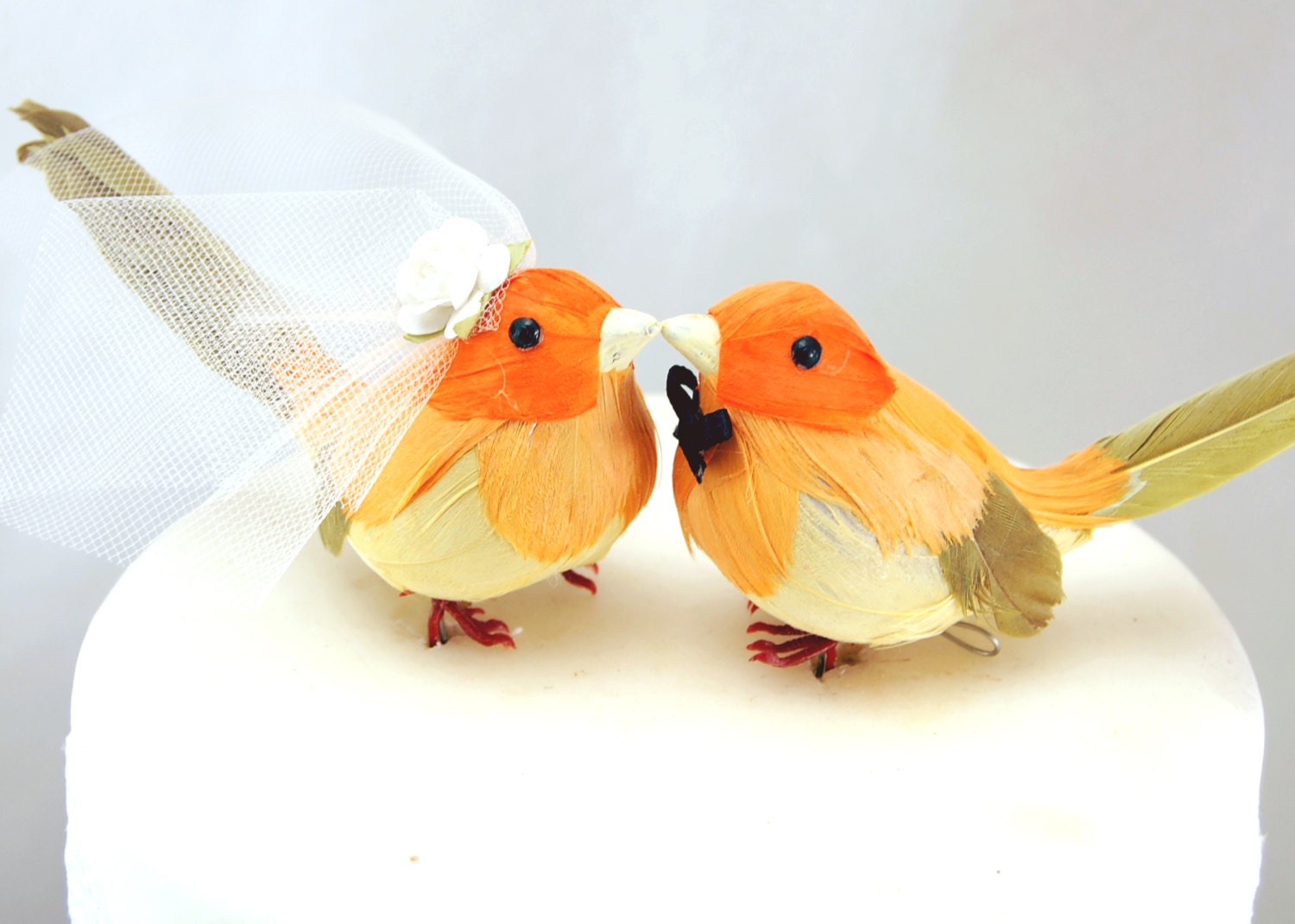 NEW and ON SALE - Ravishing Robins Wedding Cake Topper in Tangerine Orange and Chartreuse Green: Love Bird Bride & Groom Wedding Cake Topper