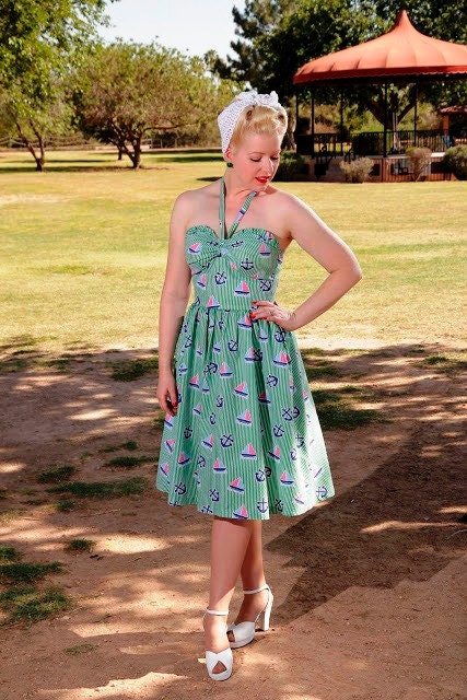NAUTICAL 1940s vintage style halter sundress NEW cotton choose two prints seersucker