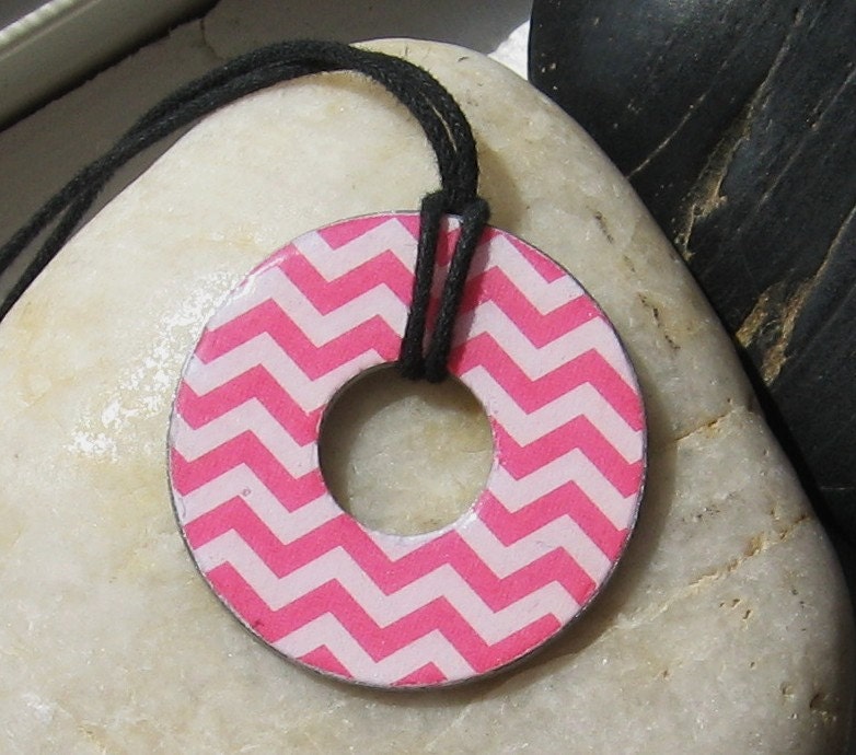 Lovely Pink and White Chevron Stripes and Waves Designer Upcycled Papers Washer Pendant Necklace Unique gift