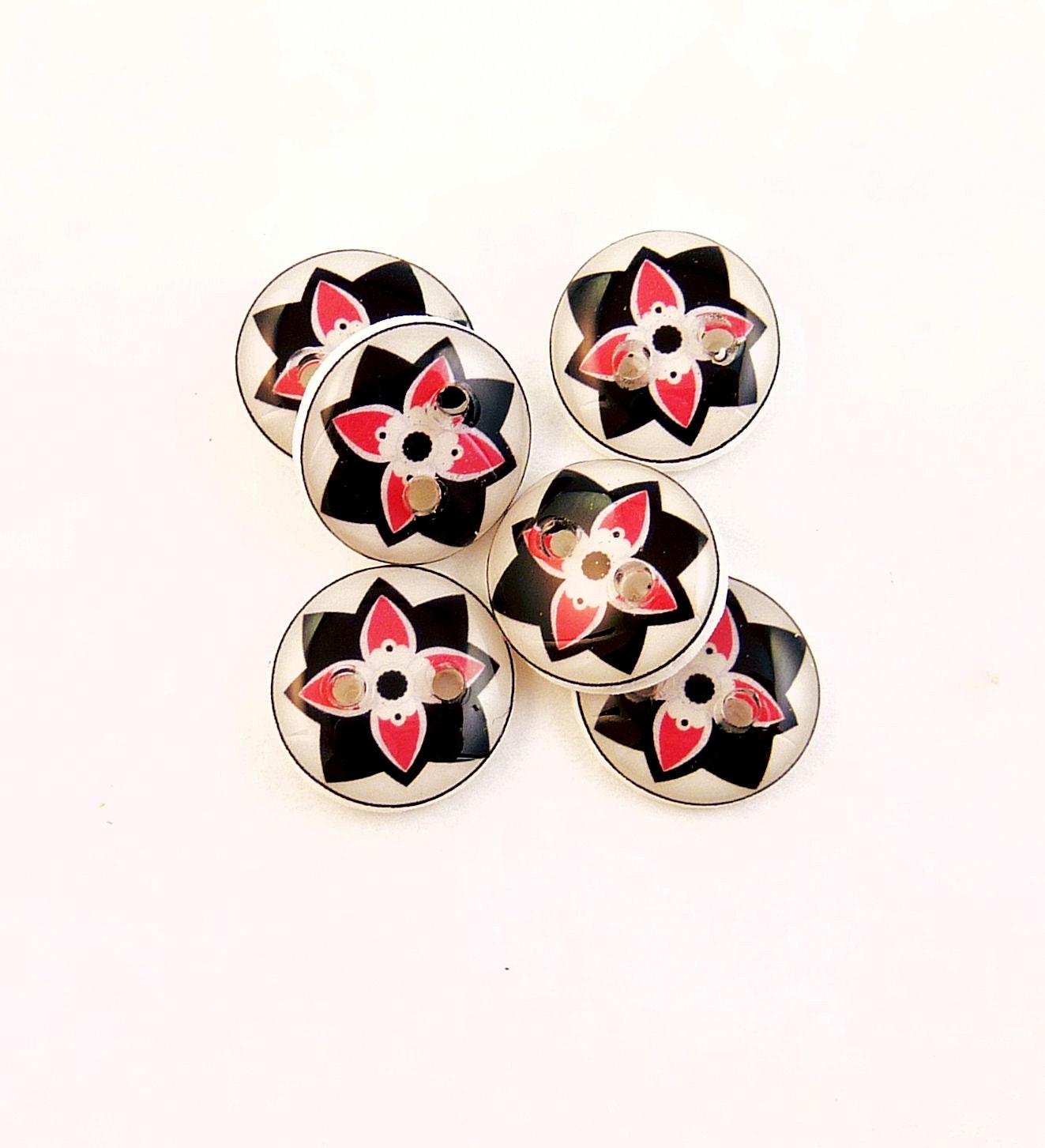 6 SMALL  Handmade Pink and Black Flower Sewing or Scrapbooking Buttons. 1/2"or 15 mm.