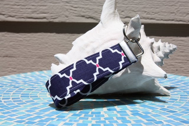 Key Fob - Keylette - Wristlet - Fabric Keychain - Key Ring -Navy - Fuschia - White - Morroccan Tile